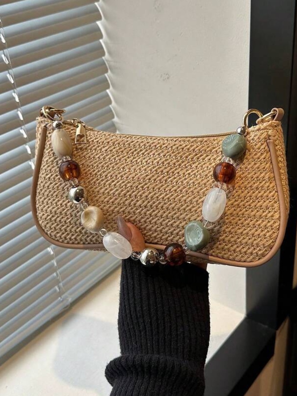 Woven Straw Beaded Strap Shoulder Bag in Tan